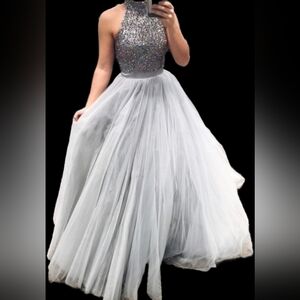 Sherri hill Silver Gray Tulle Jeweled Bling Ballgown pageant gown dress 6